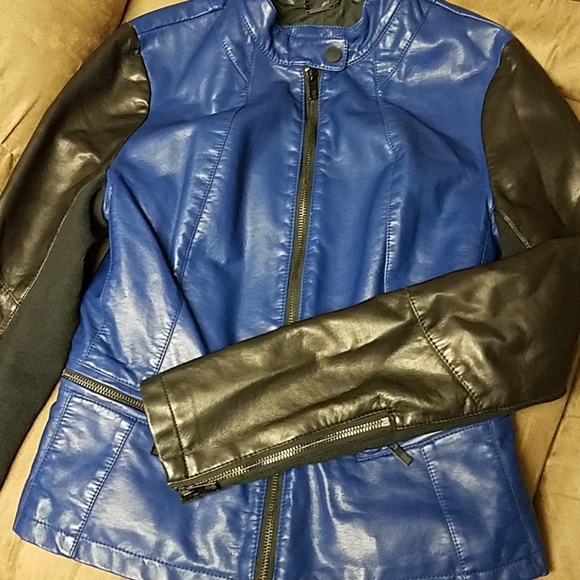 2/$40 BLACK AND BLUE VEGAN LEATHER JACKET - Picture 5 of 5